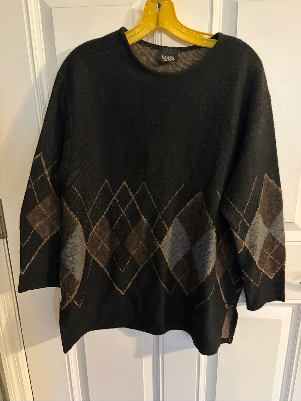 Classic Black Crewneck Sweater with Brown & Gray Argyle Detail